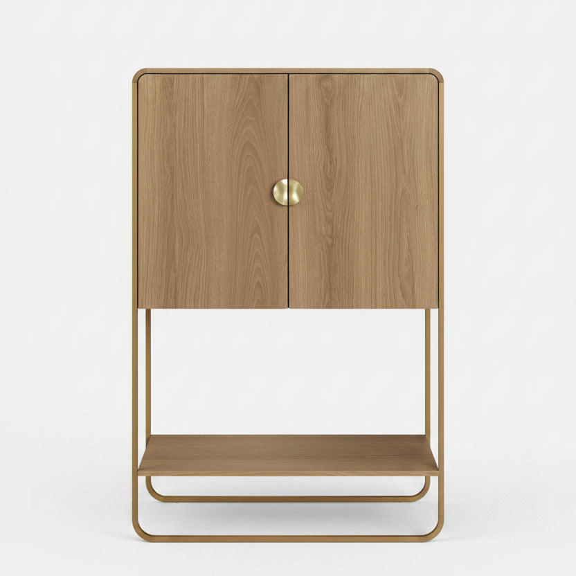 Aparador Alto Luna – Roble Natural, Módulo Bar & Base en Metal Dorado
