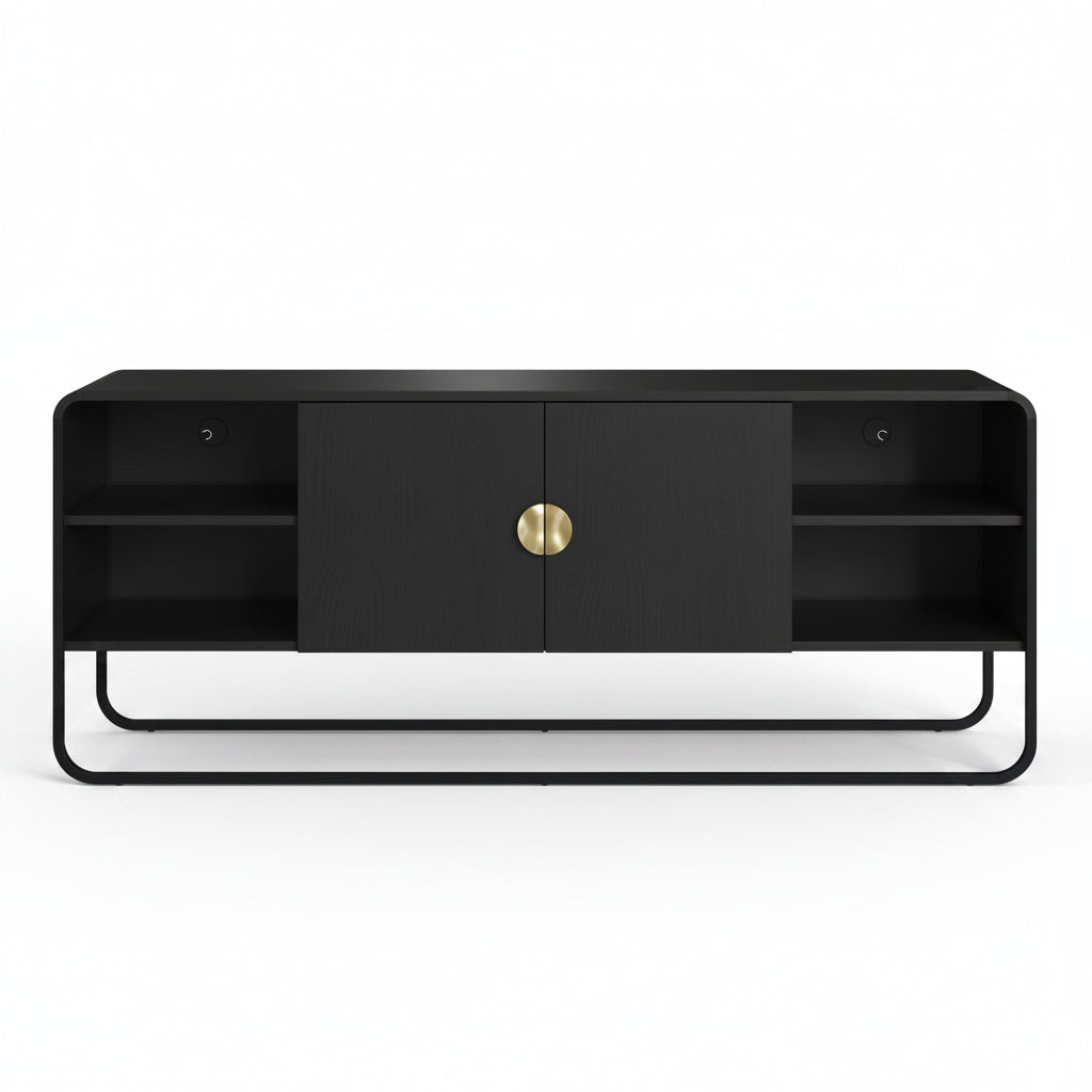 Rack TV Luna 150 – Negro Mate con 2 Puertas, Nichos Abiertos & Tirador Dorado