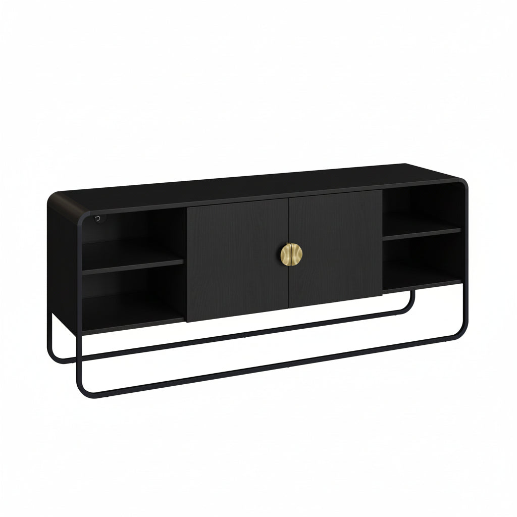 Rack TV Luna 150 – Negro Mate con 2 Puertas, Nichos Abiertos & Tirador Dorado