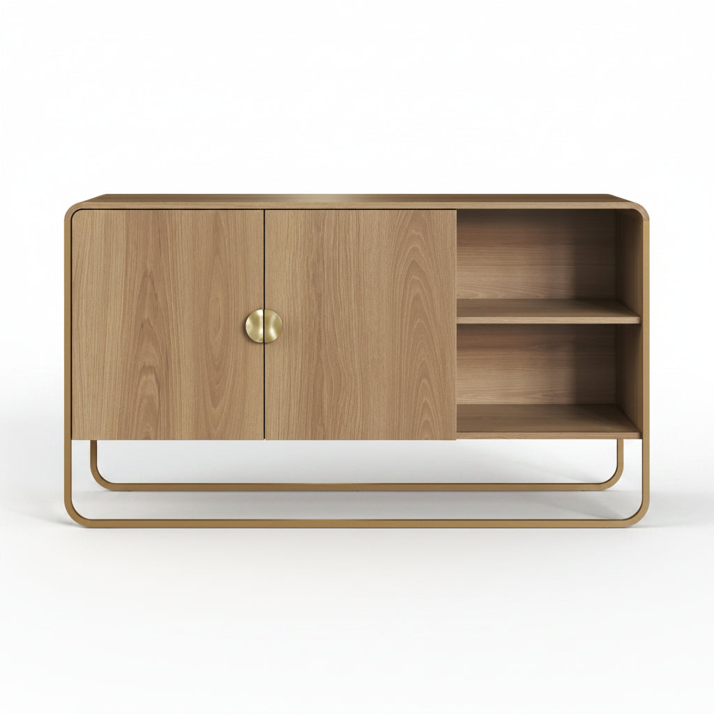 Buffet Aparador Luna 135 cm – Roble Natural, Repisa Abierta & Acentos en Metal Dorado