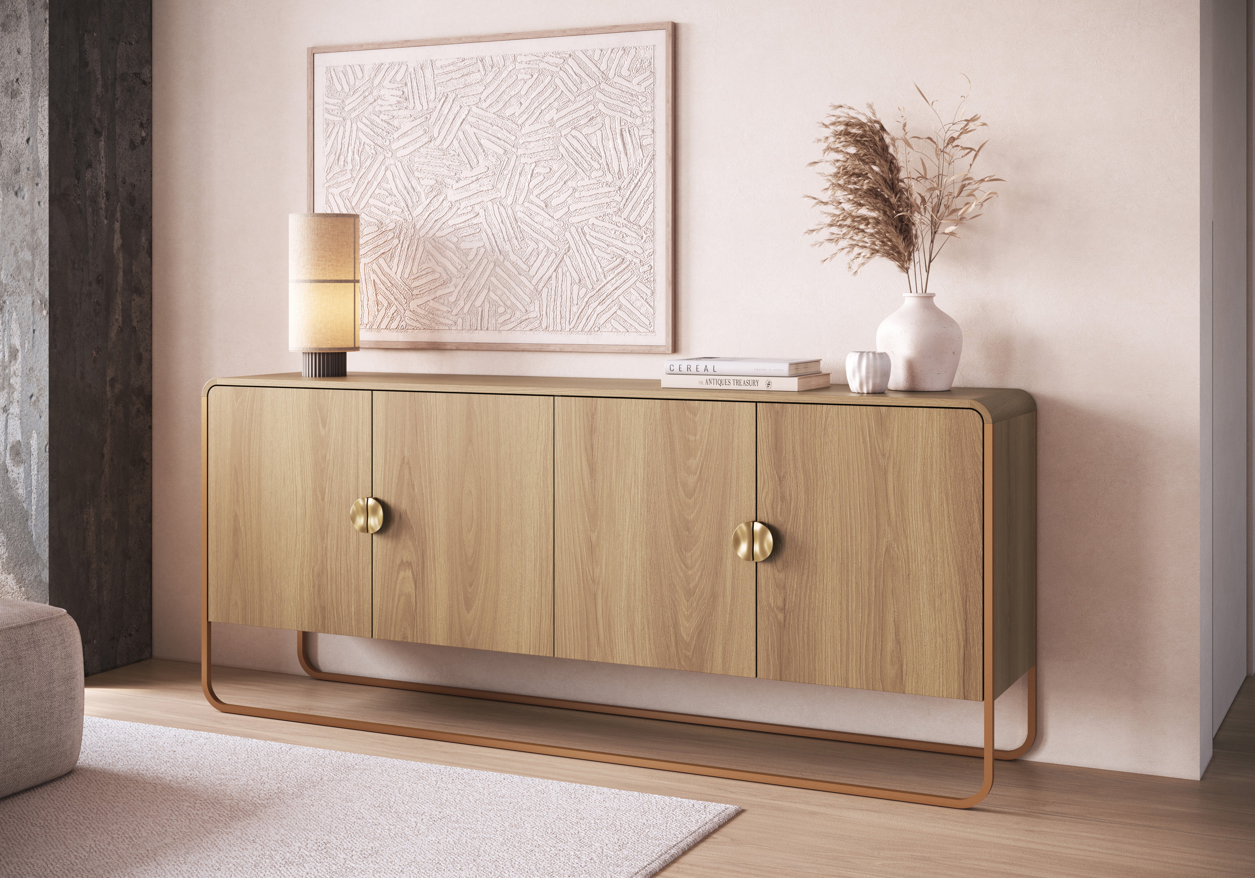 Buffet Aparador Luna – Madera Natural con 4 Puertas, Base & Tiradores Dorados