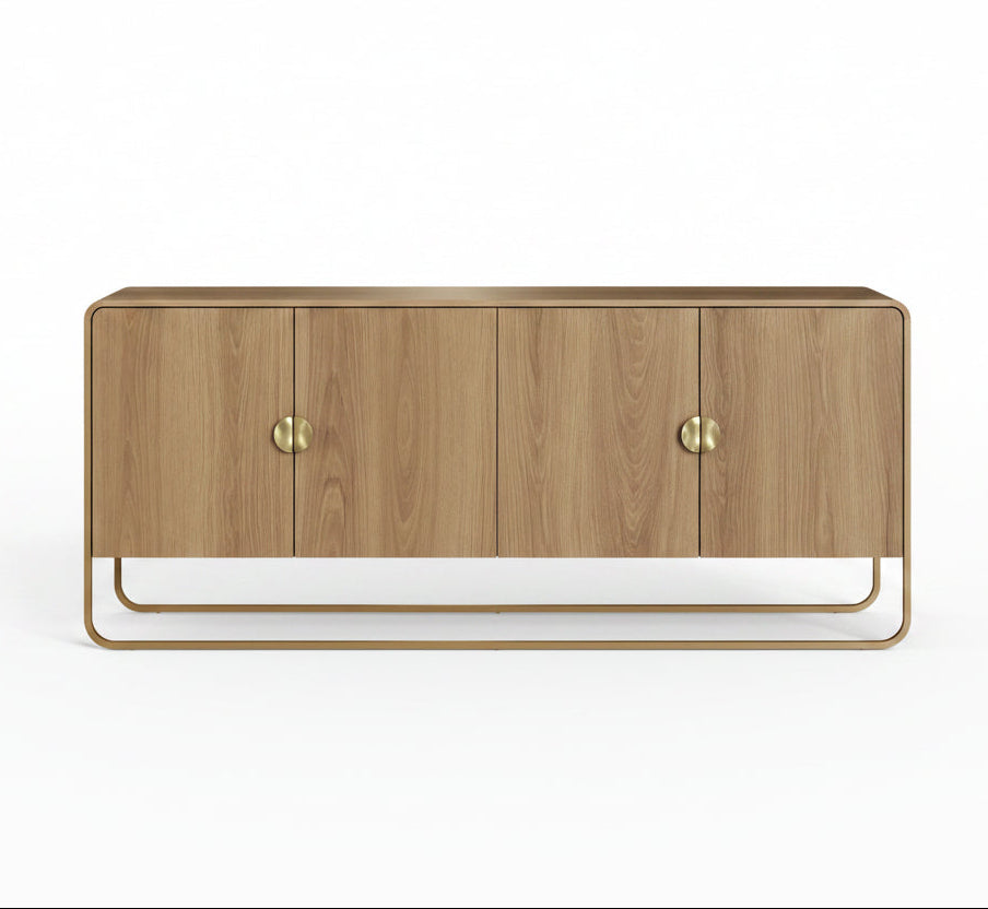 Buffet Aparador Luna – Madera Natural con 4 Puertas, Base & Tiradores Dorados