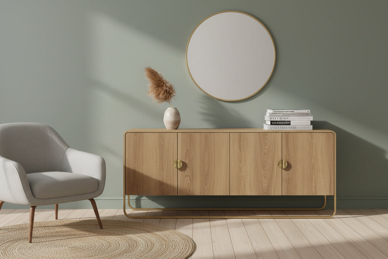 Buffet Aparador Luna – Madera Natural con 4 Puertas, Base & Tiradores Dorados