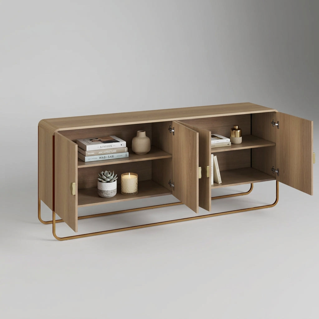 Buffet Aparador Luna – Madera Natural con 4 Puertas, Base & Tiradores Dorados