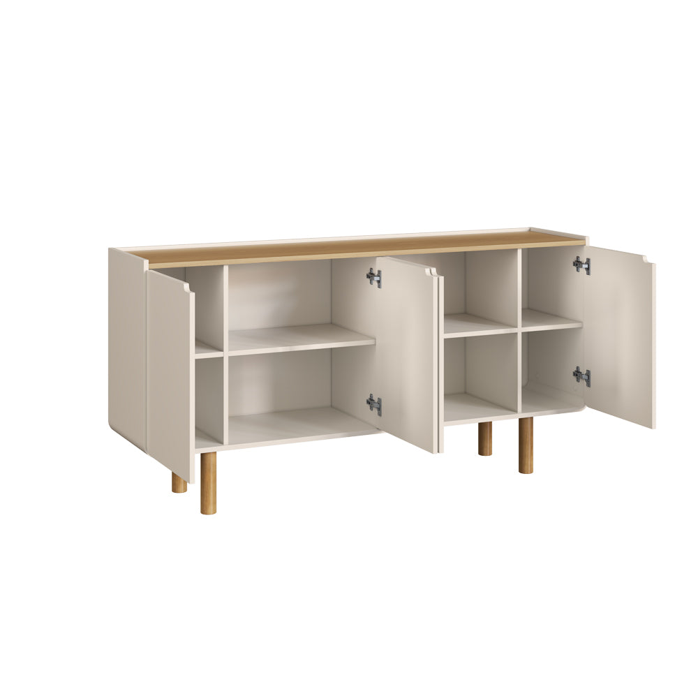 Buffet Aurea 4 Puertas Off White / Madera – Aparador de Comedor con Bordes Curvos
