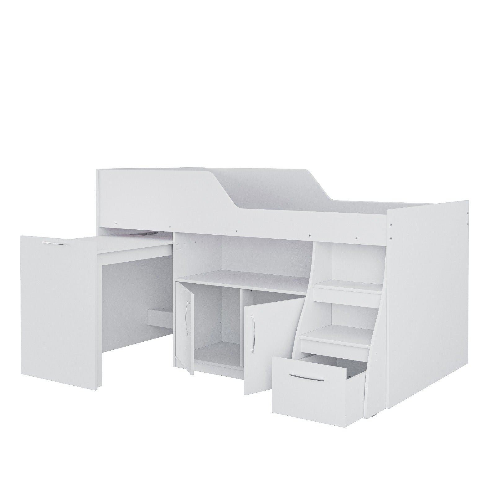 Cama Multifuncional 1.5 Plazas Off White – Con Escritorio Retráctil, Repisas & Almacenamiento