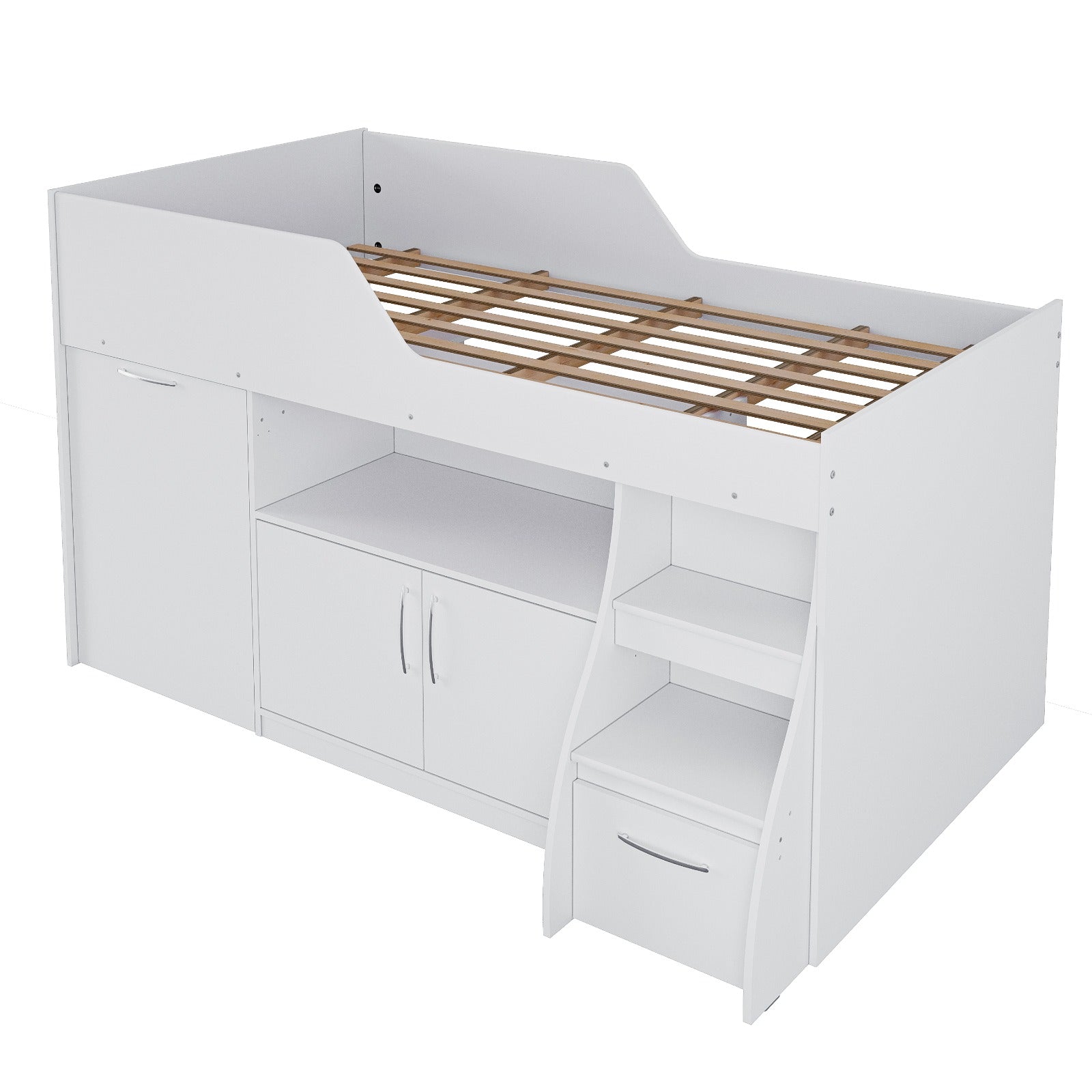 Cama Multifuncional 1.5 Plazas Off White – Con Escritorio Retráctil, Repisas & Almacenamiento