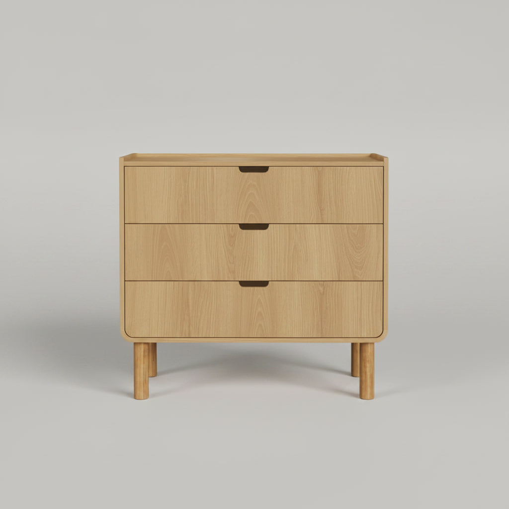 Cómoda Aurea 3 Cajones Natural – Cajonera de Madera Escandinava con Bordes Curvos