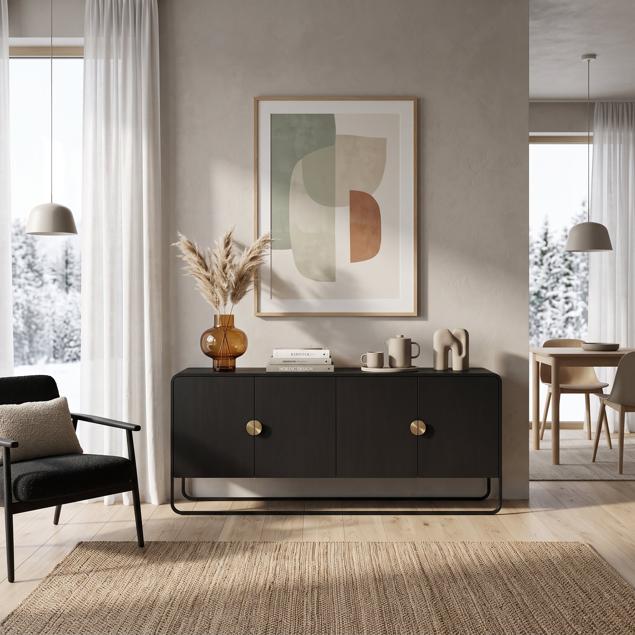 Buffet Aparador Luna – Negro Vetan & Tiradores Circulares de Metal Dorado
