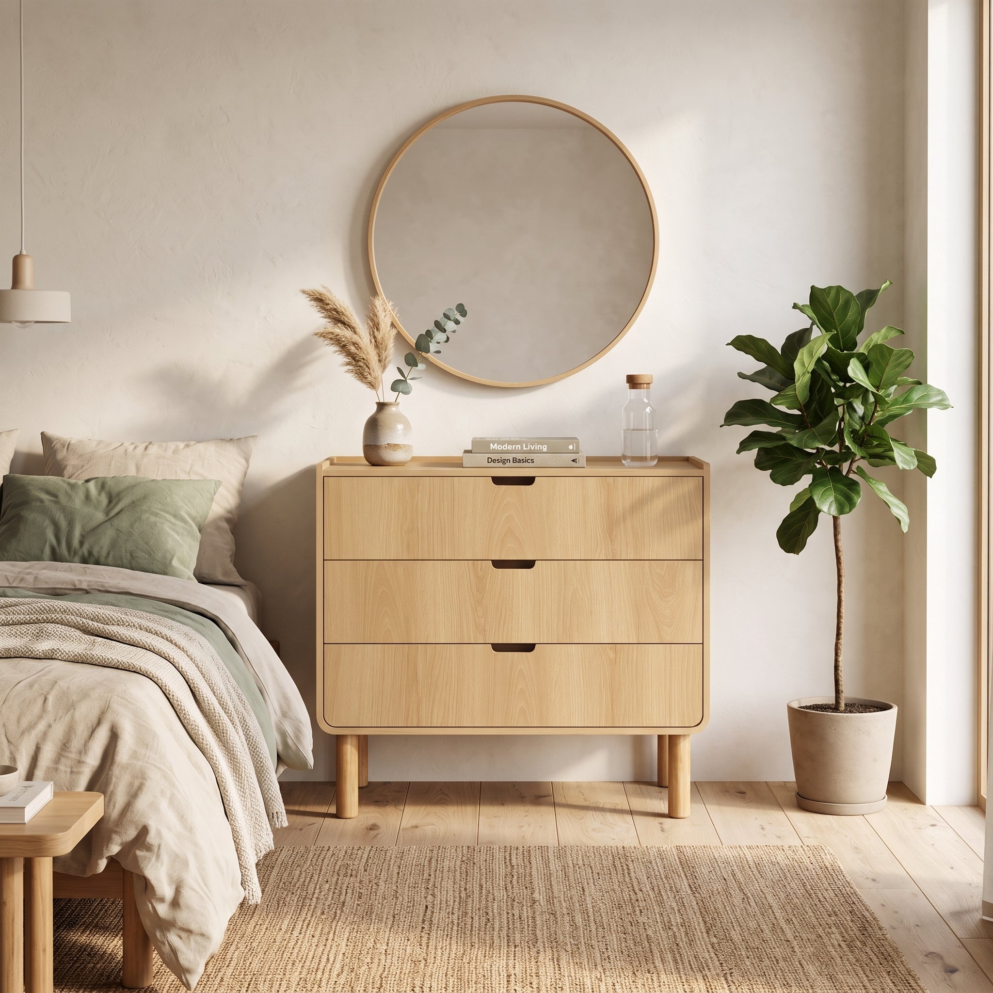 Cómoda Aurea 3 Cajones Natural – Cajonera de Madera Escandinava con Bordes Curvos