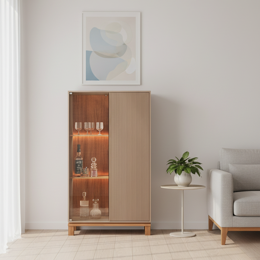 Vitrina Bar Mondrian Castaño / Visón – Mueble de Guardado 2 Puertas (Varillada + Cristal) con Luz LED