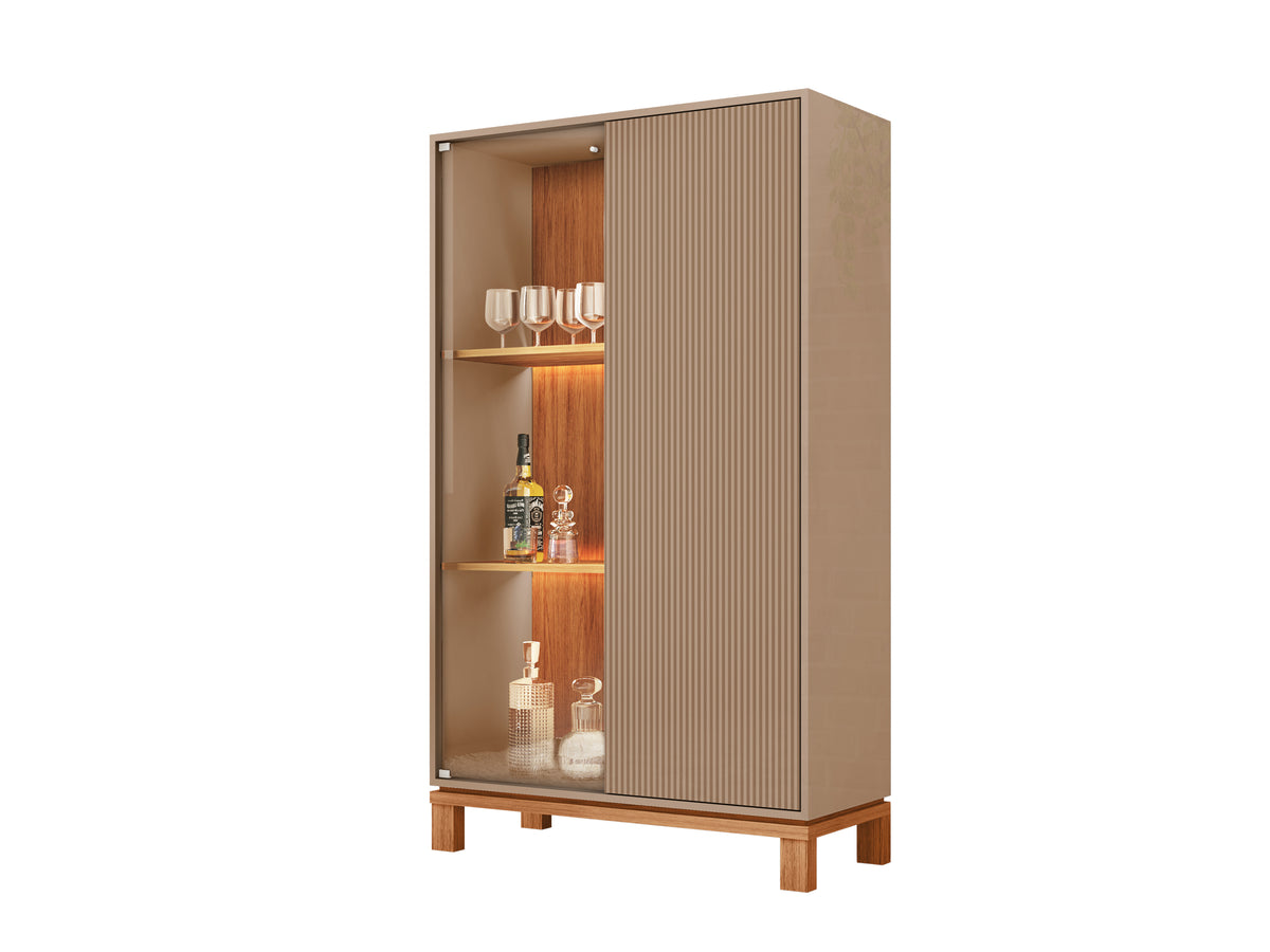 Vitrina Bar Mondrian Castaño / Visón – Mueble de Guardado 2 Puertas (Varillada + Cristal) con Luz LED