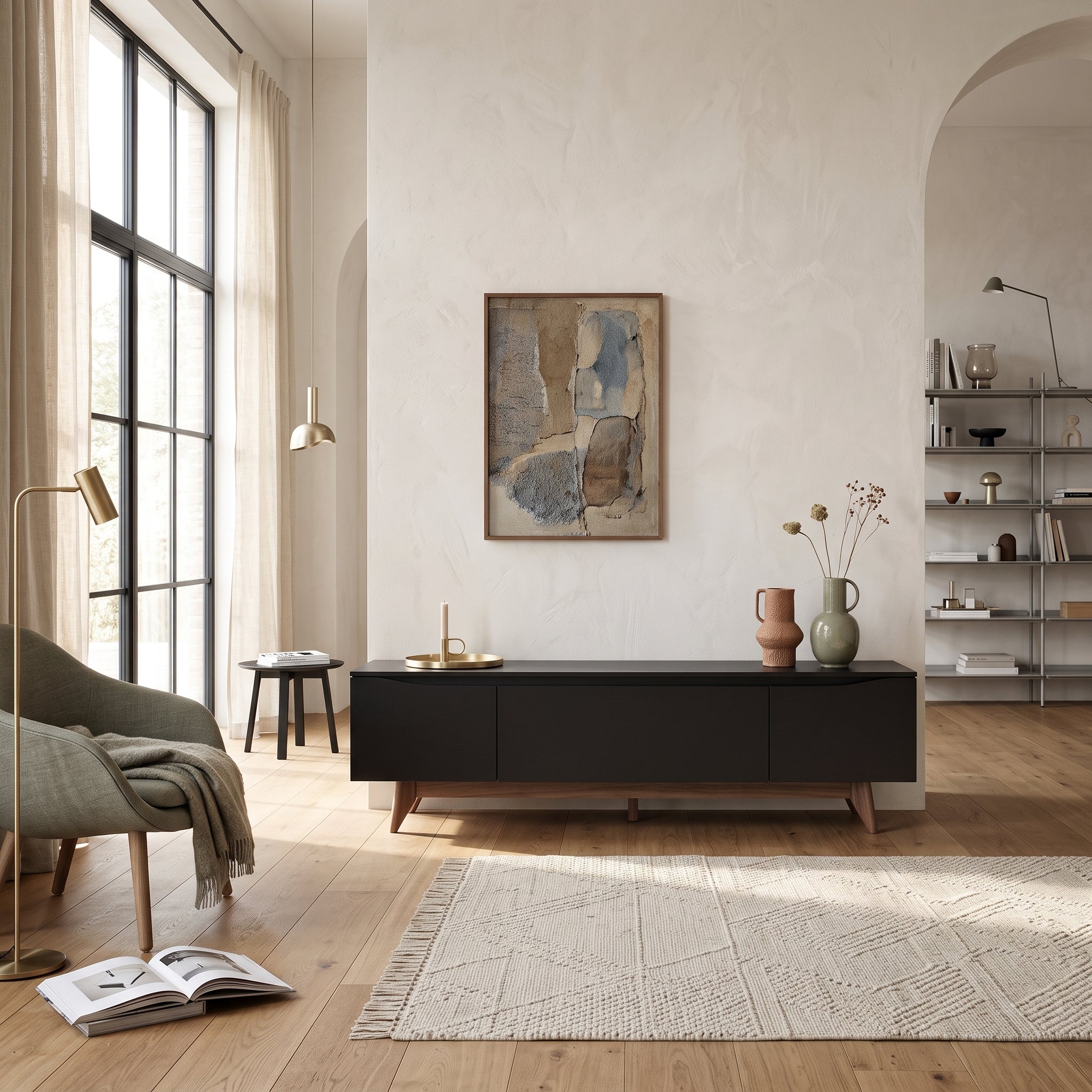 Rack Flyn 1.8 Negro – Mueble de TV de 180 cm con Base de Madera Natural
