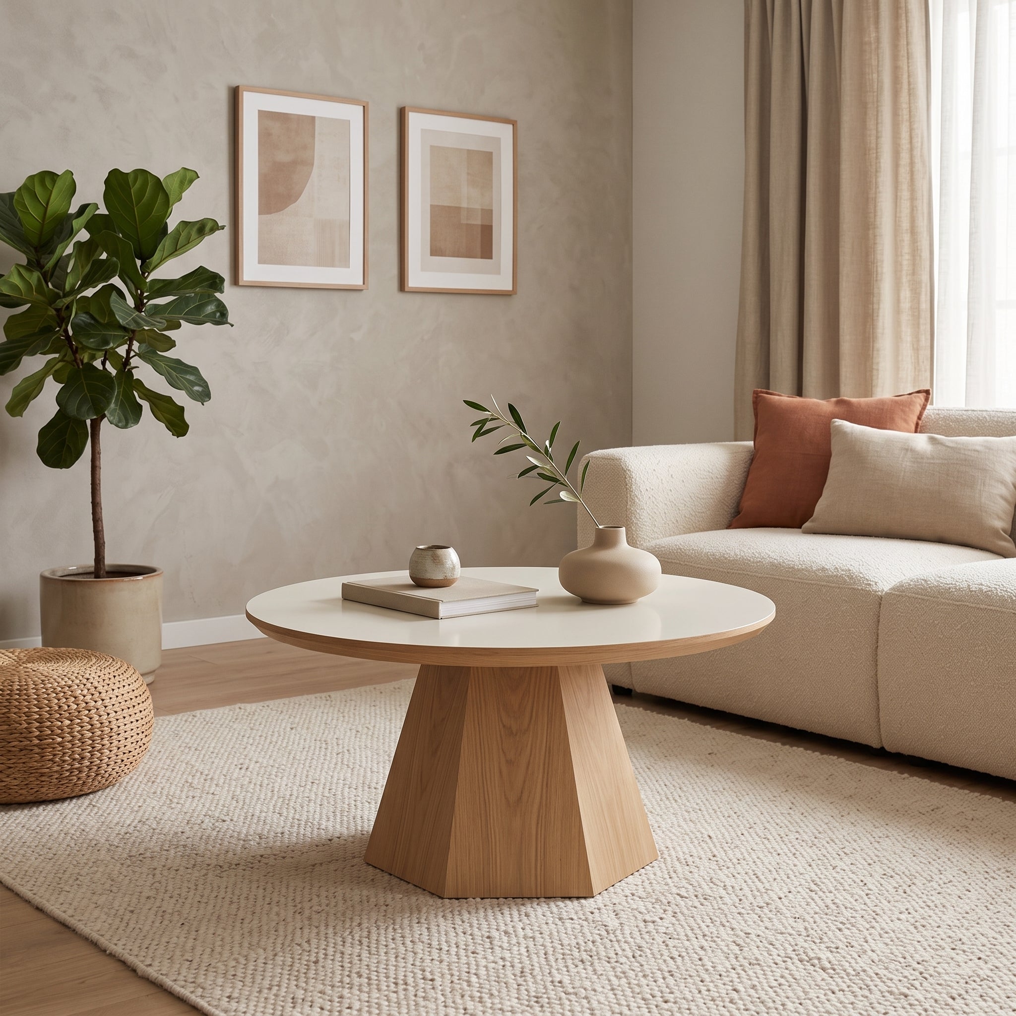 Mesa de Centro Prisma 70 cm – Mesa Redonda Escultórica con Base Poligonal de Madera & Cubierta Off-White