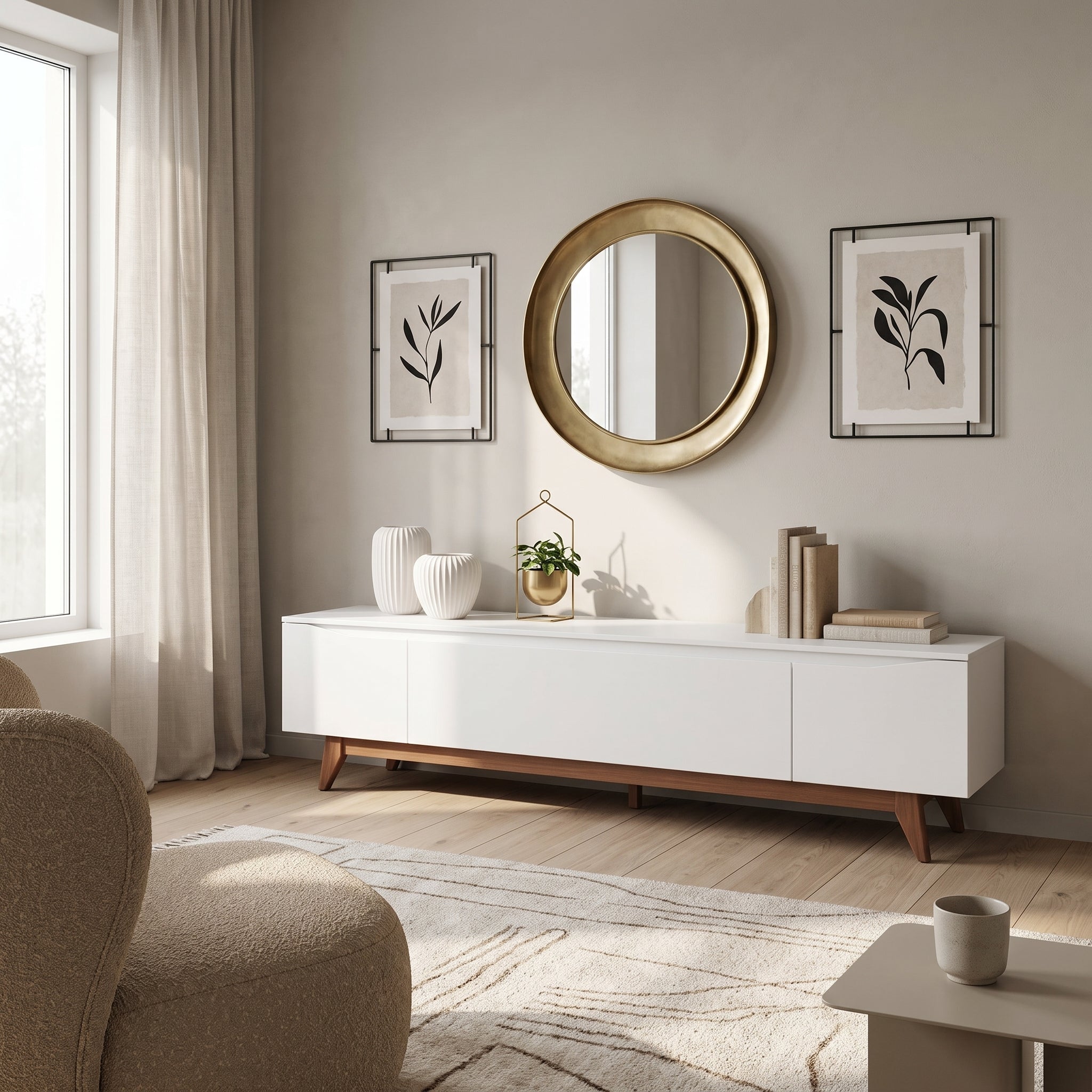 Rack Flyn Stilo 2.2 Offwhite – Mueble de TV de 220 cm con Base de Madera Natural