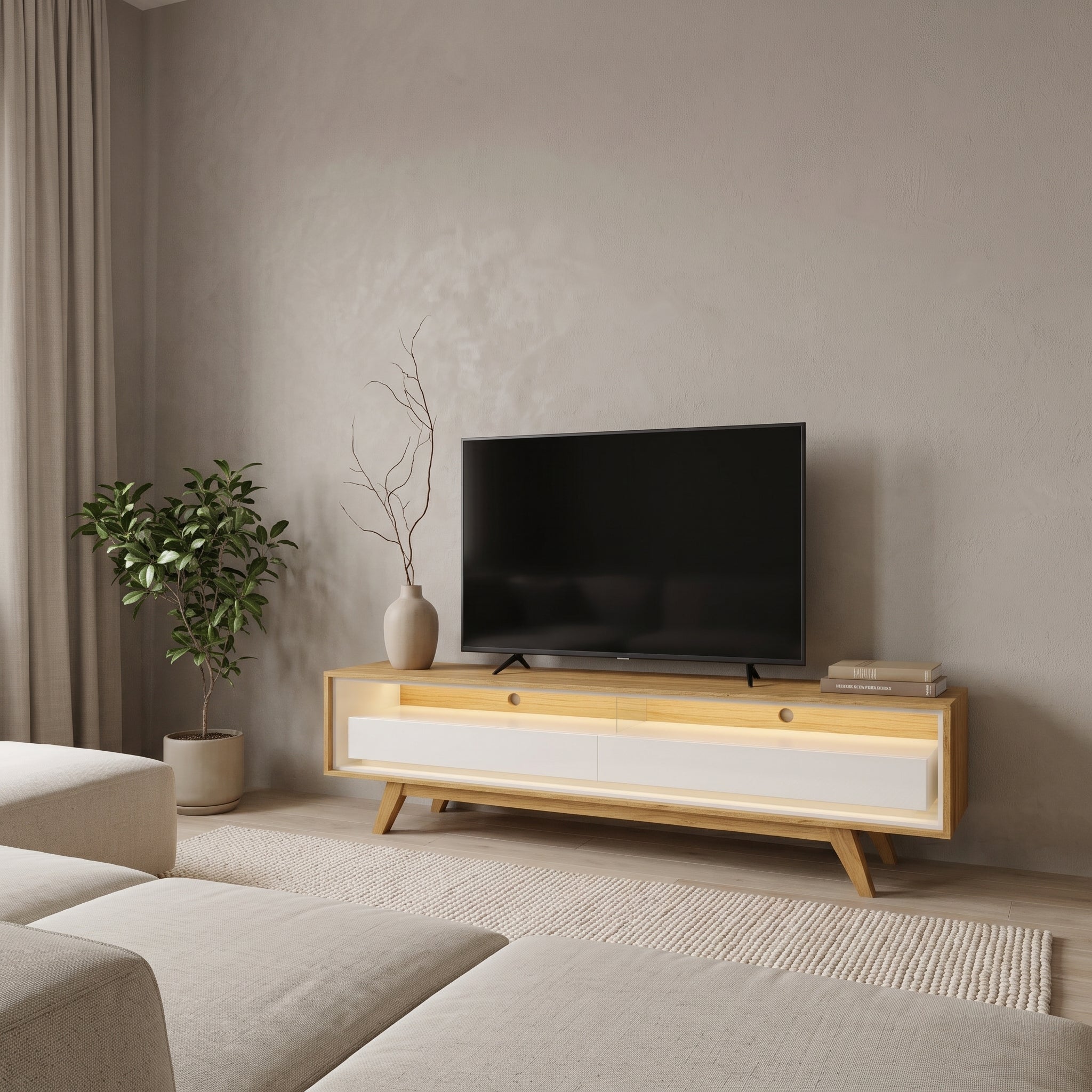 Rack Req Madera / Blanco – Mueble de TV Escandinavo con Iluminación LED Integrada
