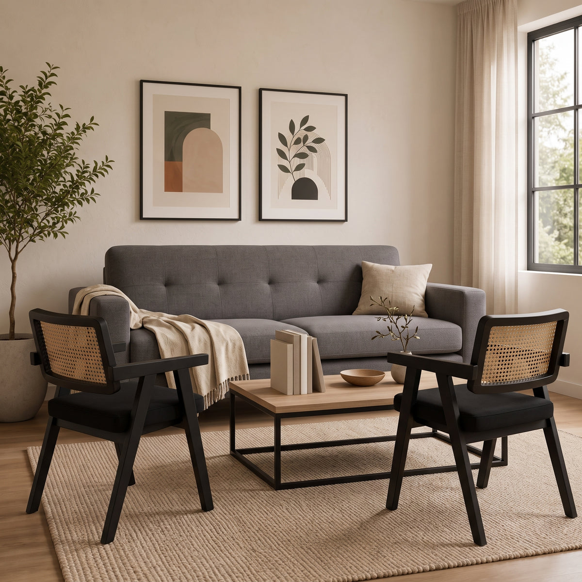 Sitial Chandigarh Black de Madera Negra y Ratán – Silla de Acento para Comedor o Estar