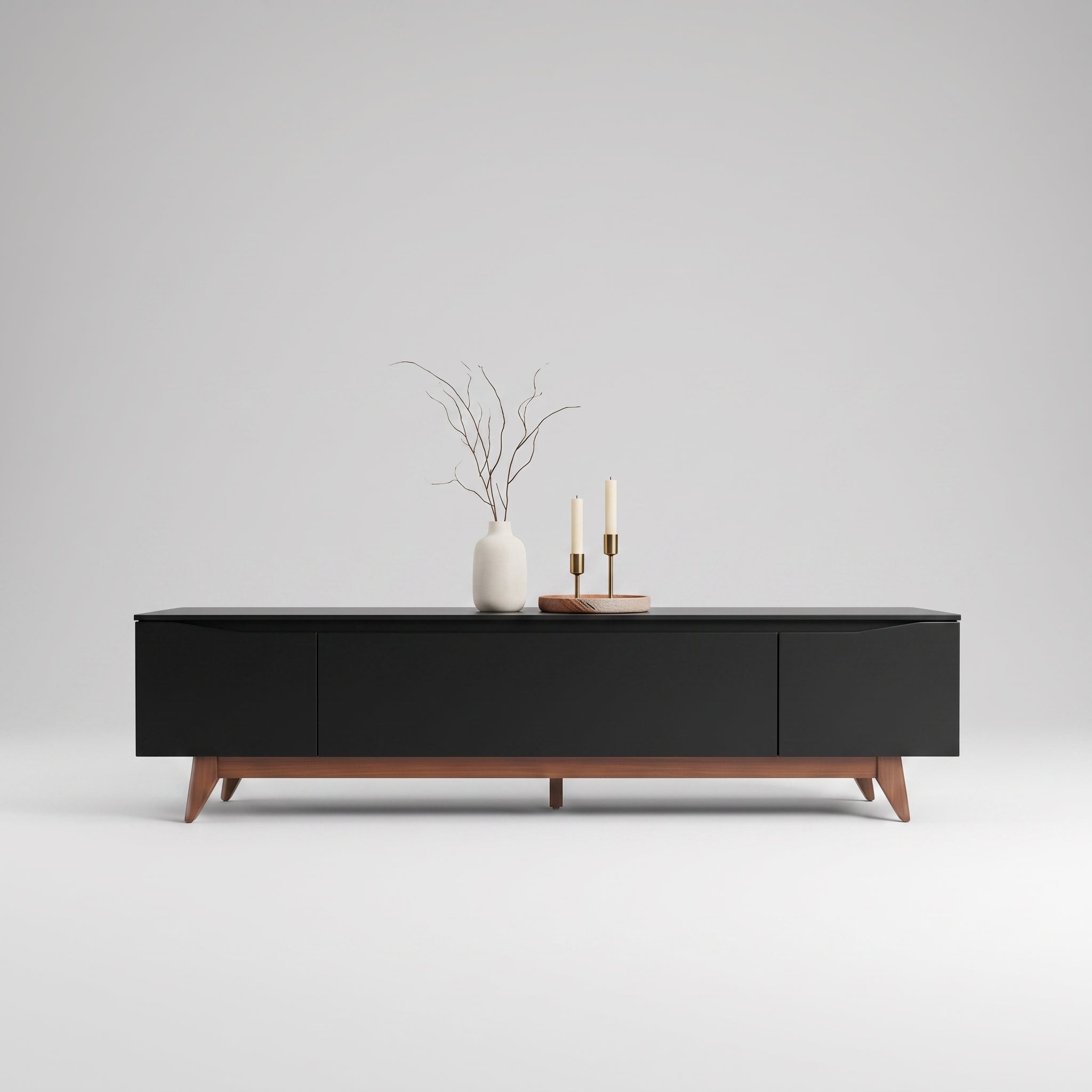 Rack Flyn Stilo Negro 2,2– Mueble de TV con Base de Madera Natural