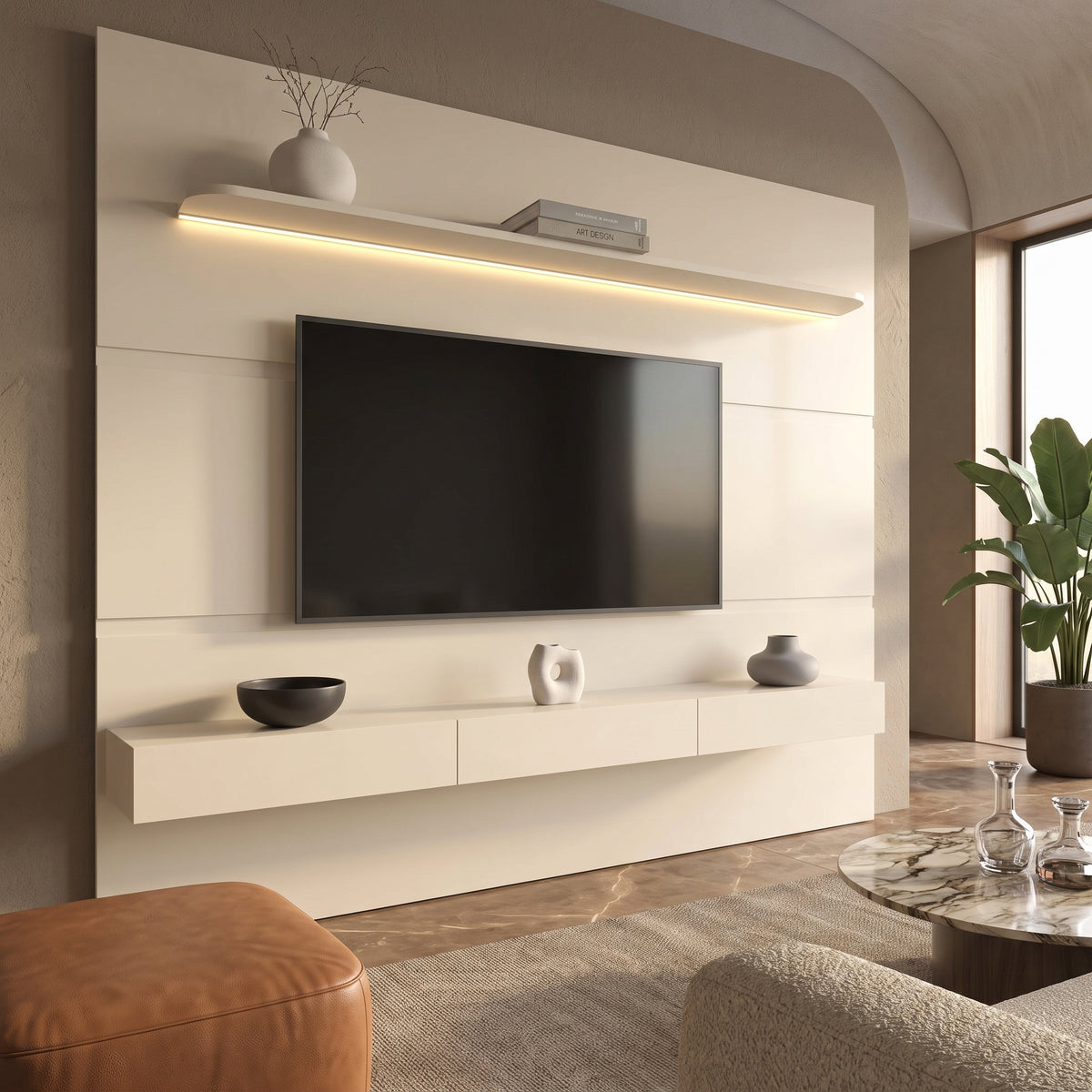 Panel de Muro para TV Home Royal 2.2 m Off-White – Rack Flotante con Iluminación LED & Repisa Flotante