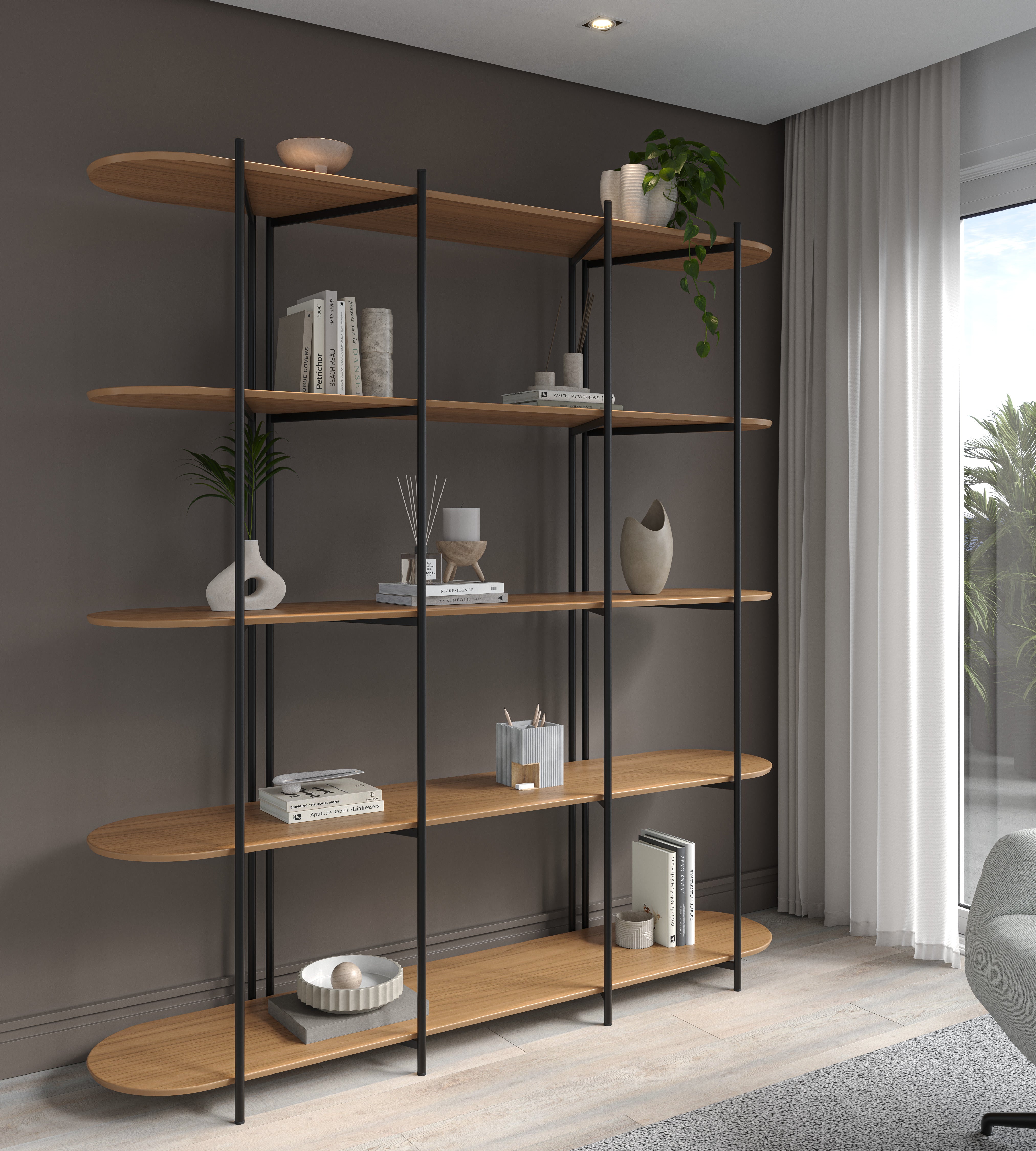 Estante Enya 1.8 m Canela / Negro – Librero Modular Abierto con Repisas Curvas & Estructura Metálica