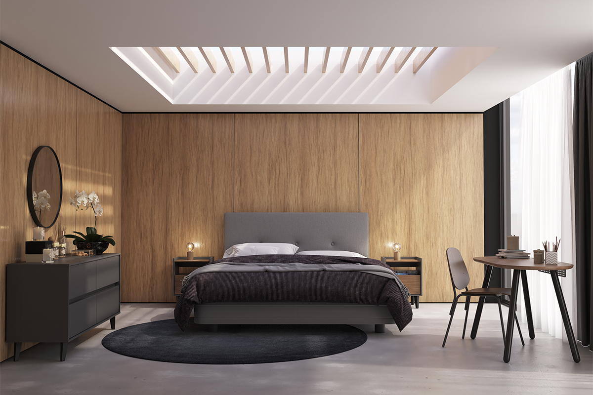 CB Respaldo Rapel Gris + 2 Veladores Pop + Cómoda Atacama Gris Sombra - Medular Diseño Juegos de Dormitorio