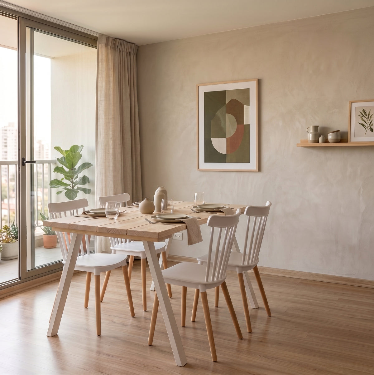 Juego de Comedor Linha Natural 4 Personas + 4 Sillas Queen Blancas – Mesa de Madera Natural con Patas Anguladas