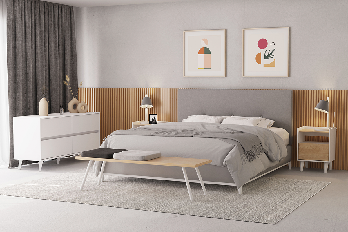 CB Respaldo Rapel Gris + 2 Veladores Pop + Cómoda Atacama Gris Bruma - Medular Diseño Juegos de Dormitorio