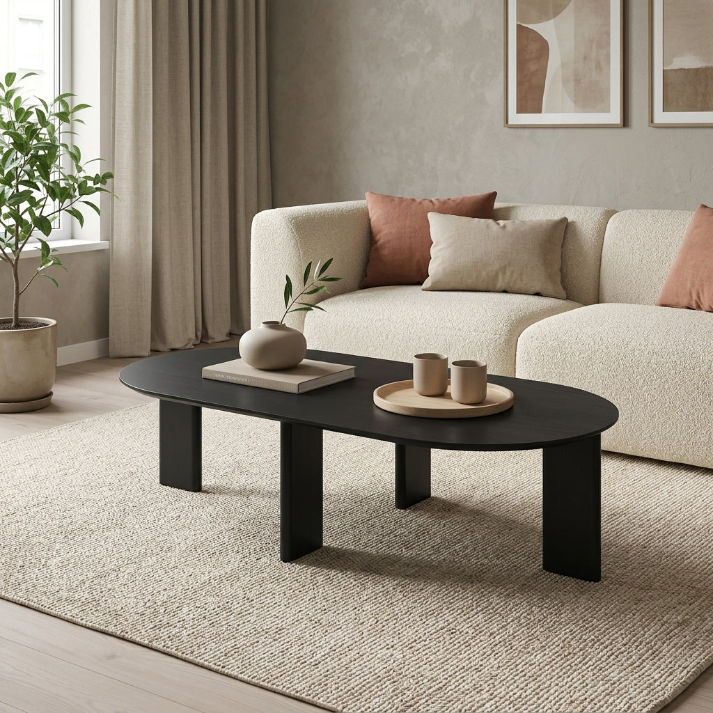 Mesa de Centro Alice Negro – Mesa de Centro Ovalada con Patas de Panel Cilíndrico/Plano