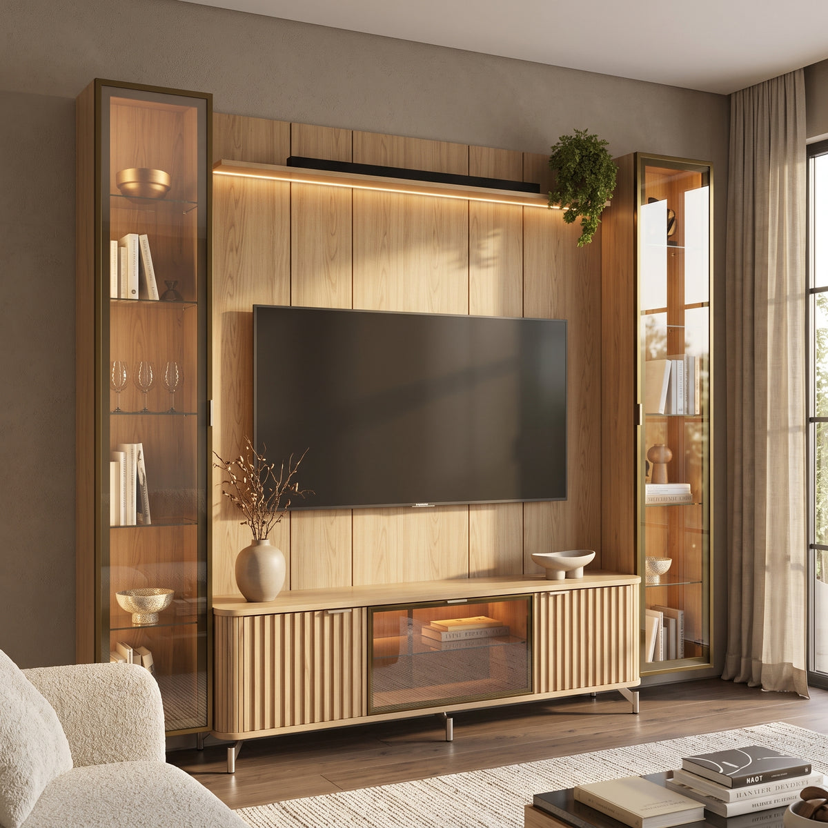 Rack 2.1 + Panel 2.2 Neon Float Led + 2 Vitrinas con 1 Puerta Carvalho
