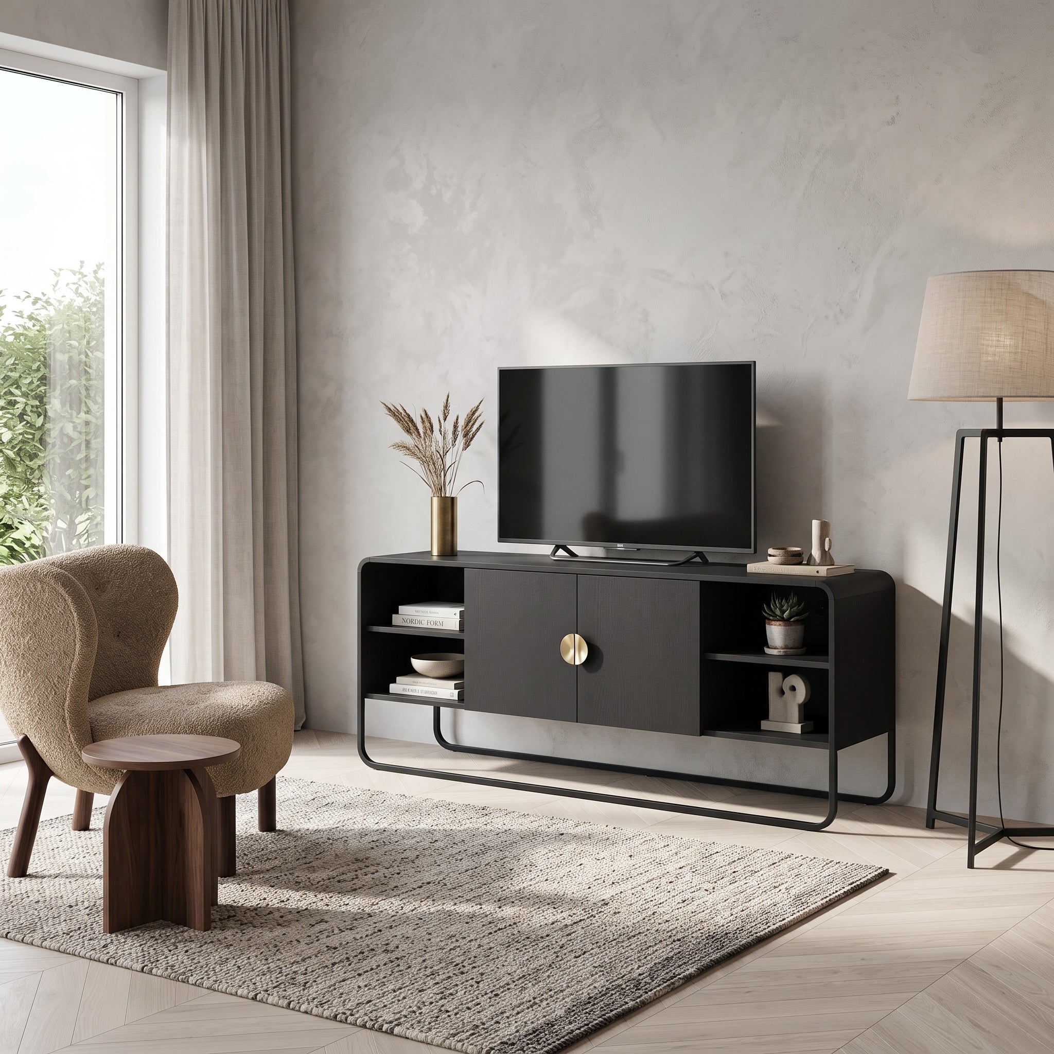Rack TV Luna 150 – Negro Mate con 2 Puertas, Nichos Abiertos & Tirador Dorado