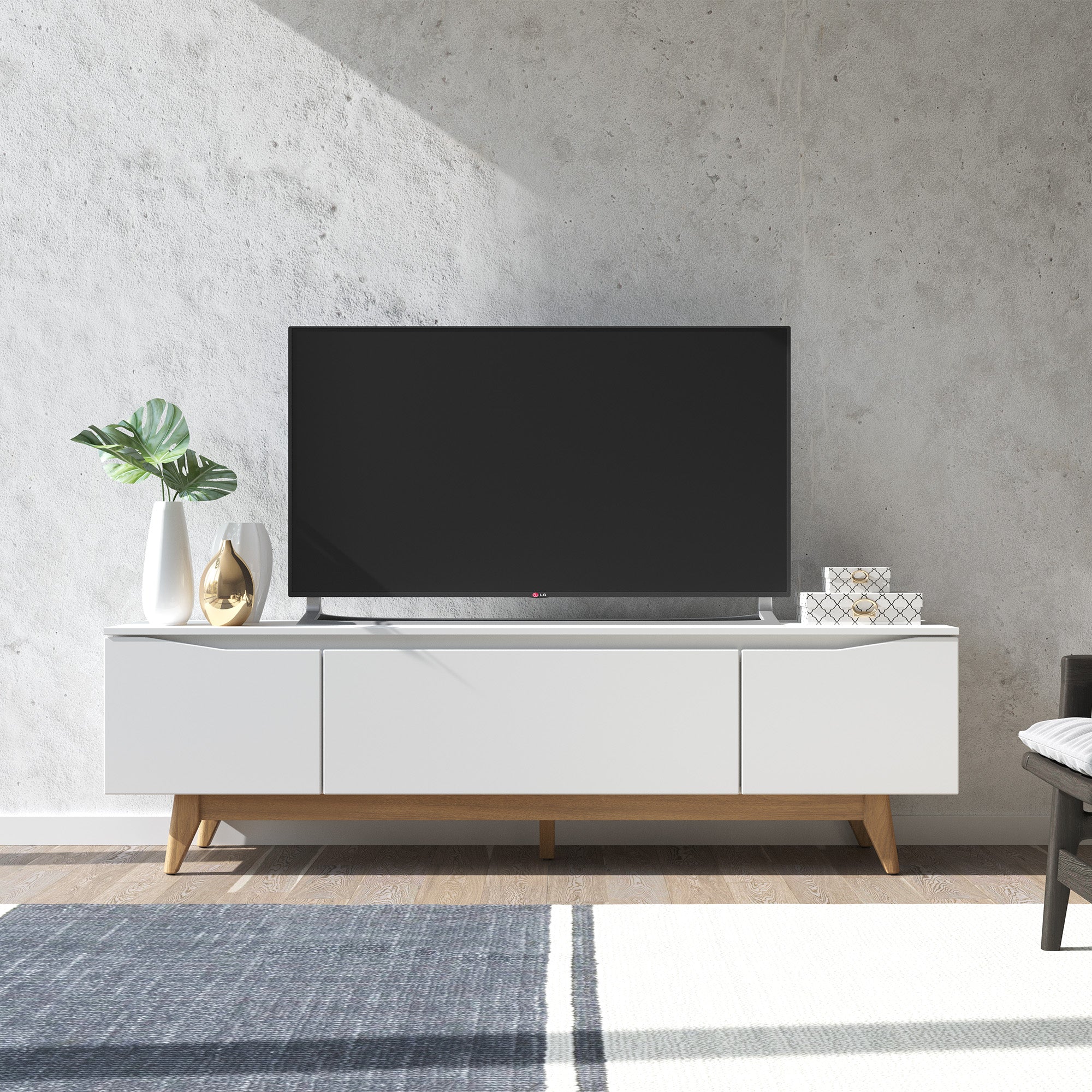 Rack Flyn Stilo 1.8 Offwhite – Mueble de TV de 180 cm con Base de Madera Natural