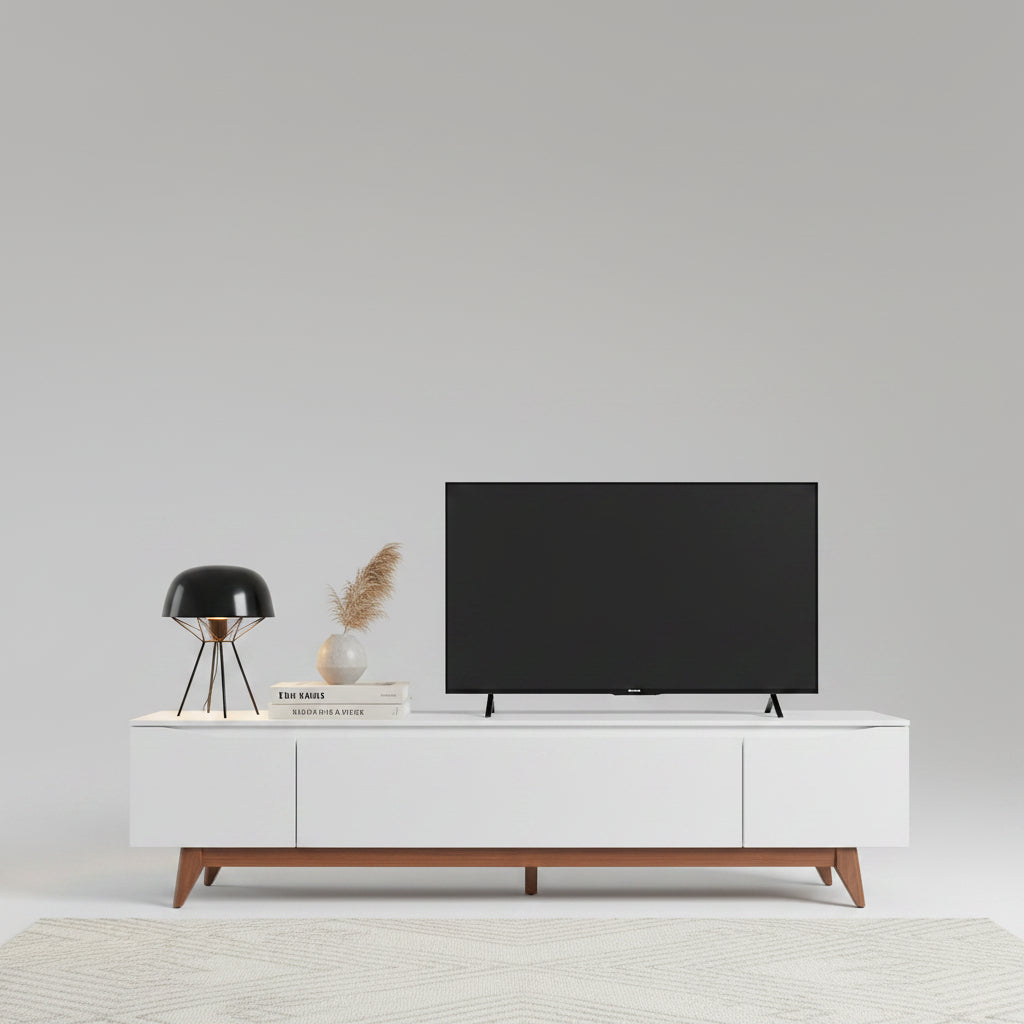 Rack Flyn Stilo 2.2 Offwhite – Mueble de TV de 220 cm con Base de Madera Natural