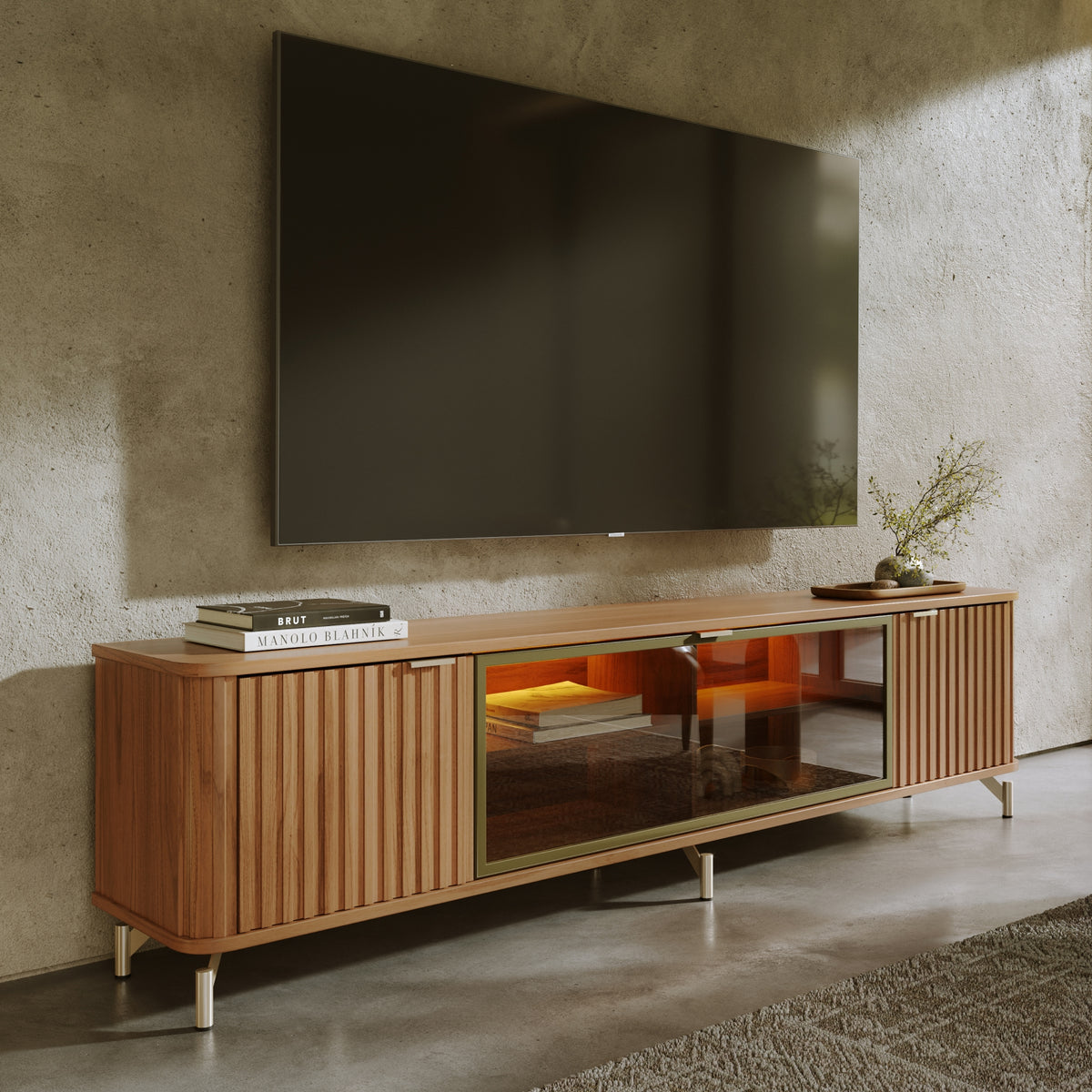 Rack TV Neon Float 2.1 m Canela – Mueble de TV Gran Formato 100% MDF con Puertas Alistonadas, Vidrio Reflecta & Luz LED