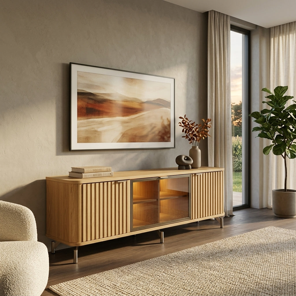 Rack TV Neon Float 1.7 m Carvalho – Mueble de TV 100% MDF con Puertas Alistonadas, Vidrio Reflecta & Luz LED