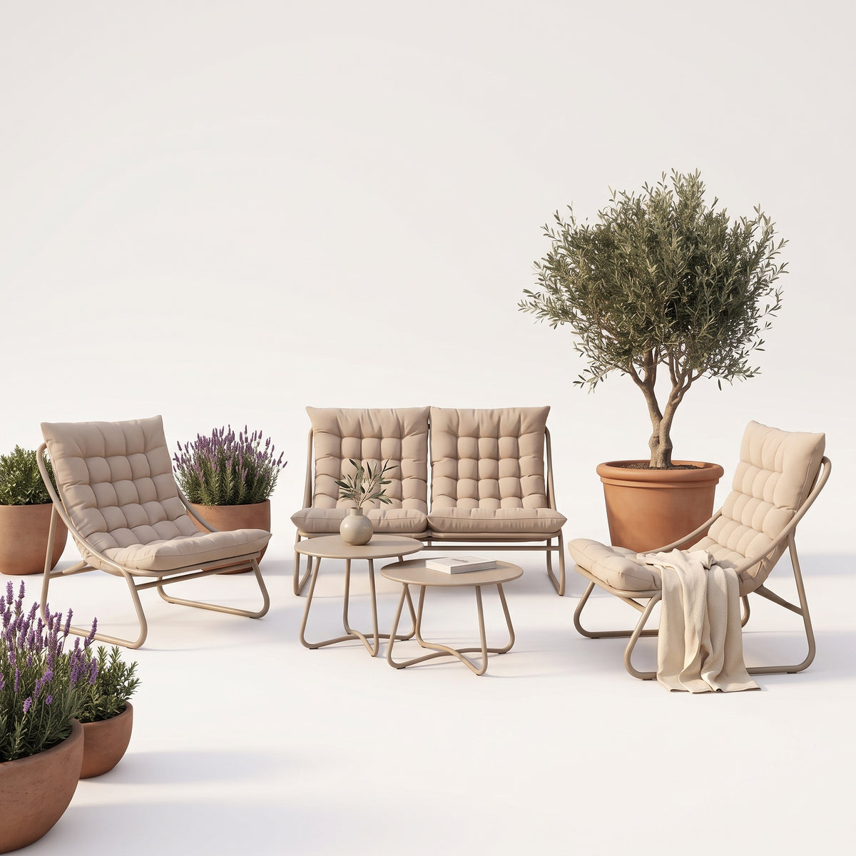 Juego de Terraza Liguria 5 Piezas Beige – Set de Exterior Modular con Sofás, Sillones y Mesas Auxiliares