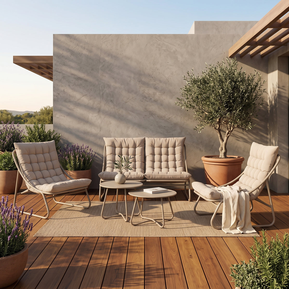 Juego de Terraza Liguria 5 Piezas Beige – Set de Exterior Modular con Sofás, Sillones y Mesas Auxiliares