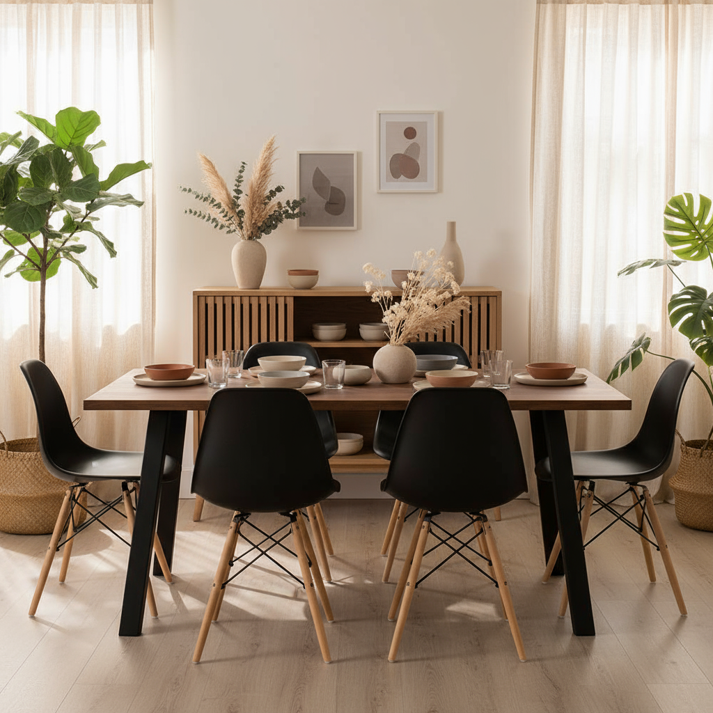 Juego de Comedor Paladio Nogal 6P + 6 Sillas DSW Negra