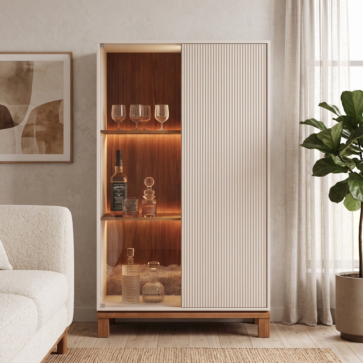 Vitrina Bar Mondrian Off-White / Castaño – Mueble de Guardado 2 Puertas (Lacada + Cristal) con Luz LED