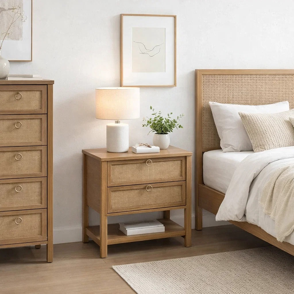 Velador Cannage – Mesa de Noche de Madera Roble Claro con 2 Cajones en Ratán & Estante Inferior