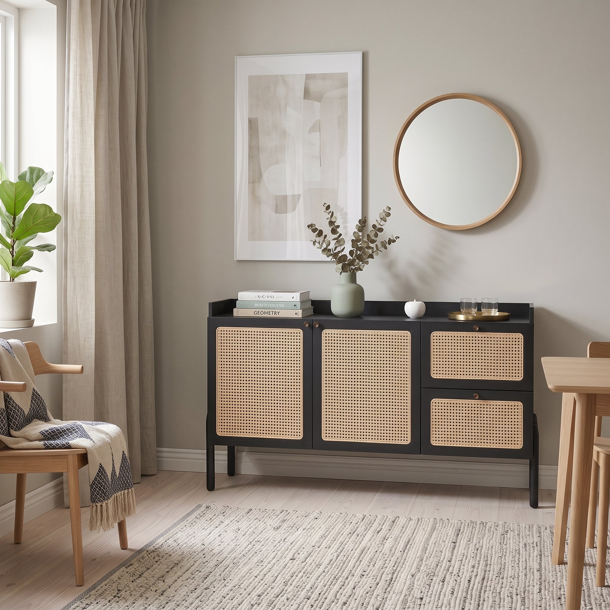 Aparador Nórdico Black & Rattan – Elegancia, Calidez y Orden para tu Hogar