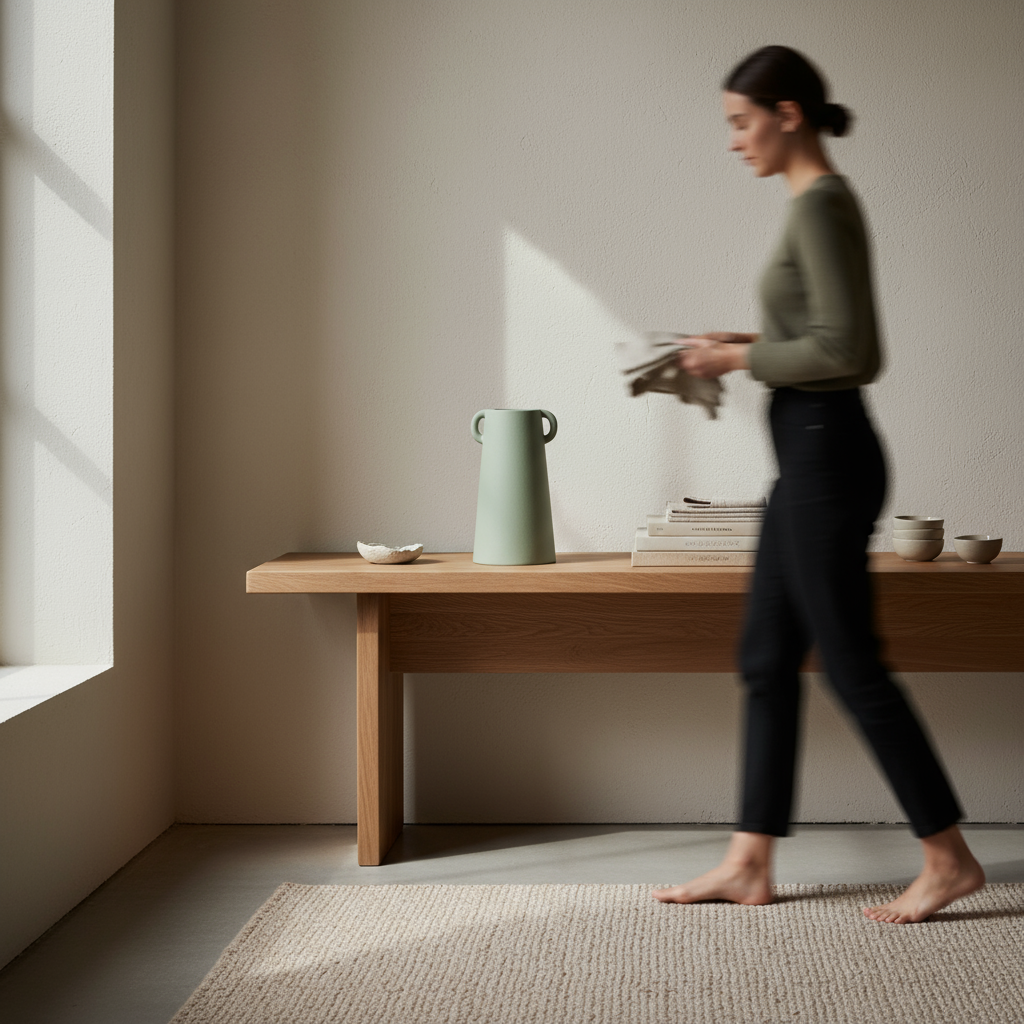 Ceramic vase on console with person in lived-in interior