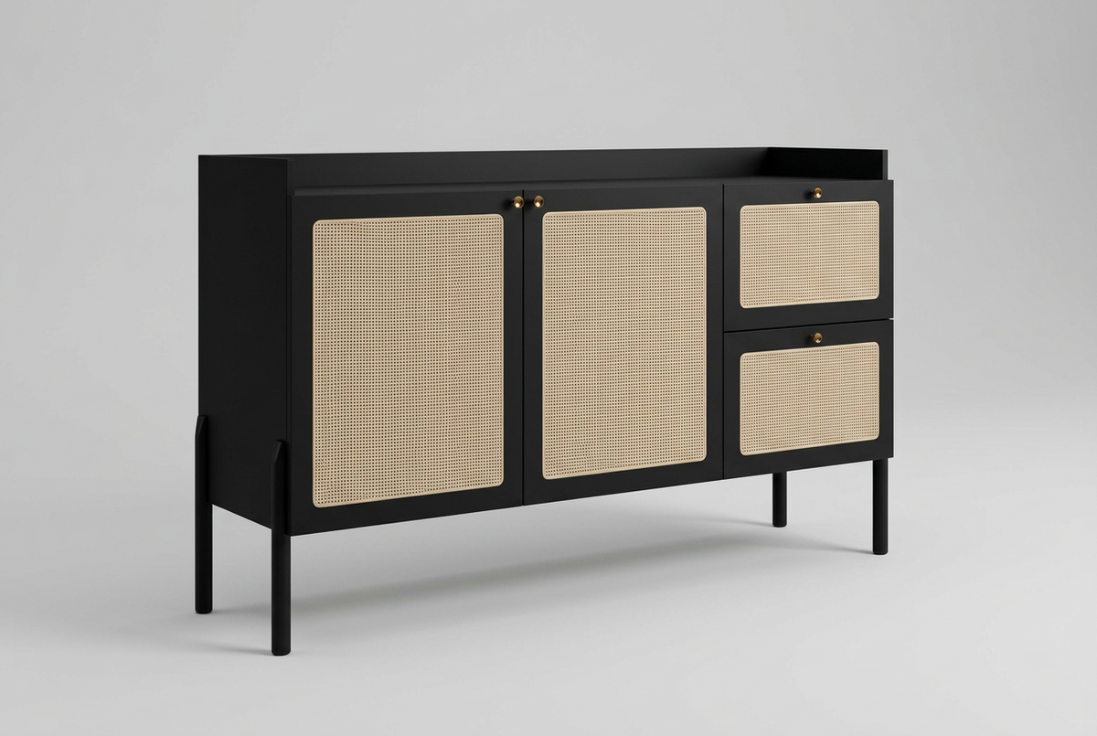 Aparador Nórdico Black & Rattan – Elegancia, Calidez y Orden para tu Hogar