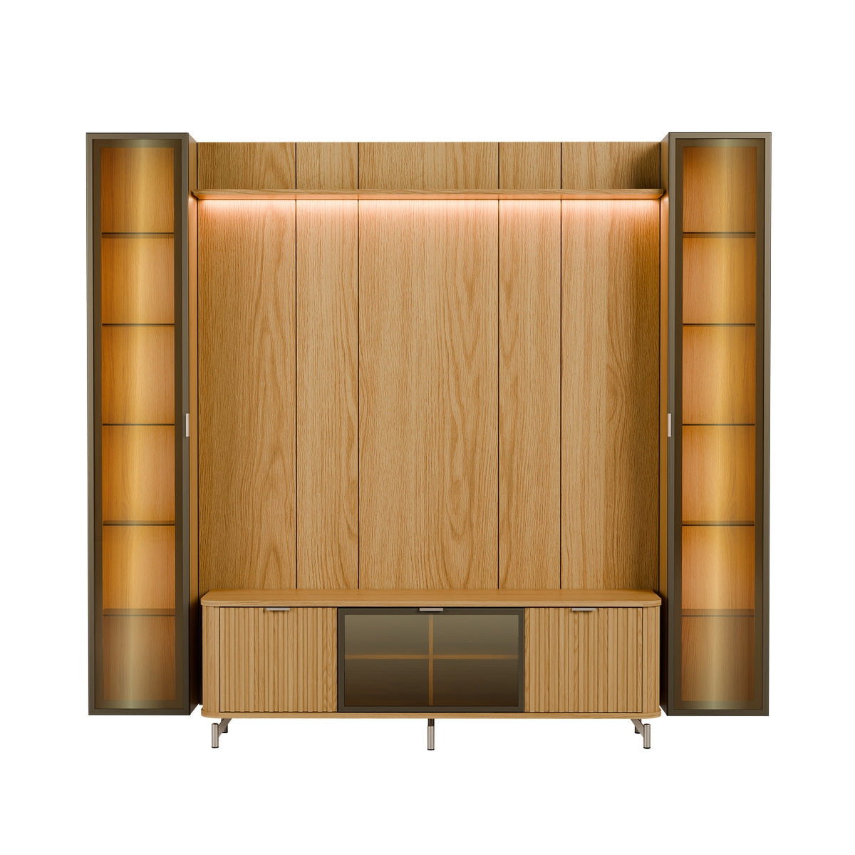 Rack 2.1 + Panel 2.2 Neon Float Led + 2 Vitrinas Carvalho
