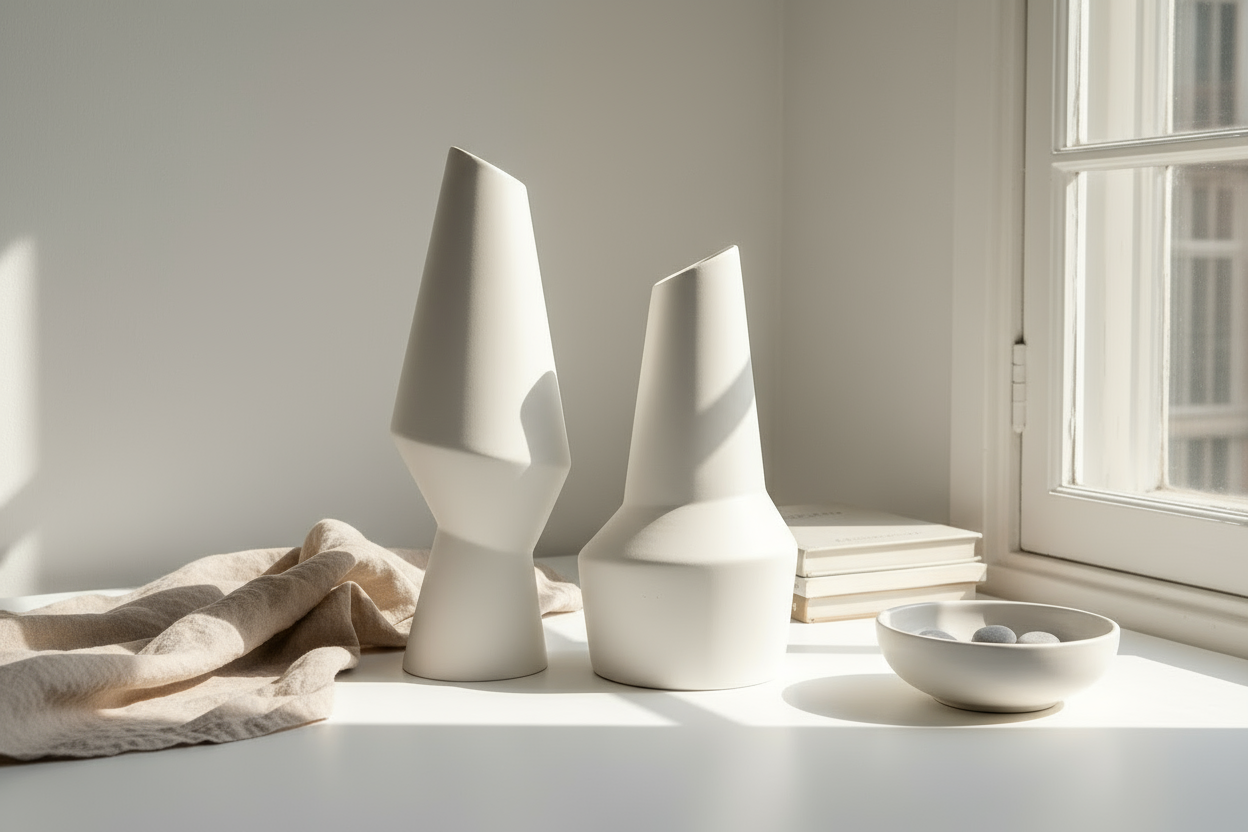 Editorial composition with sculptural ceramic vases