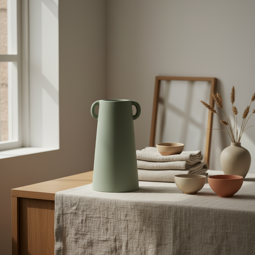 Editorial-style ceramic vase in Ferm Living-inspired interior