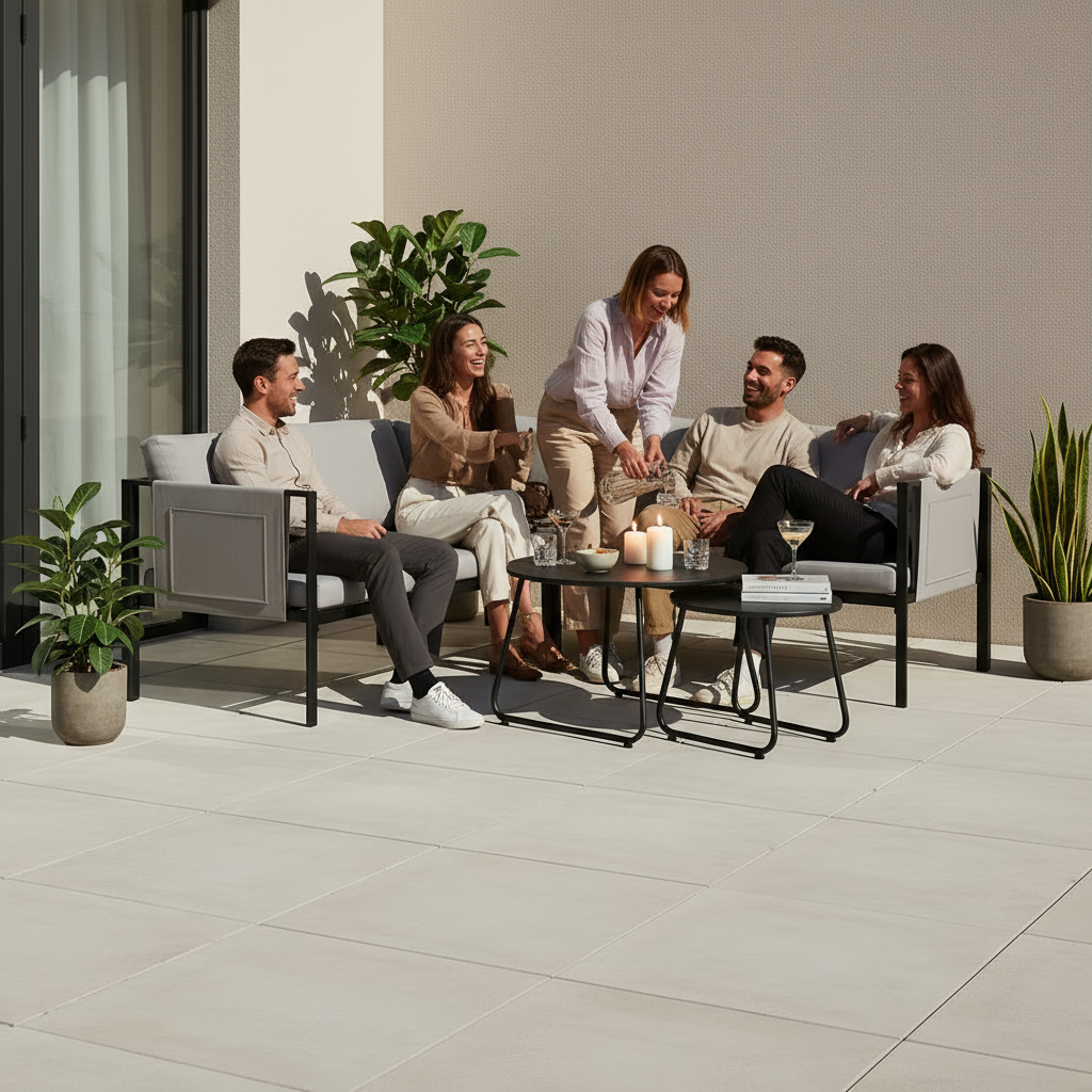 Editorial terrace set dynamic nighttime gathering