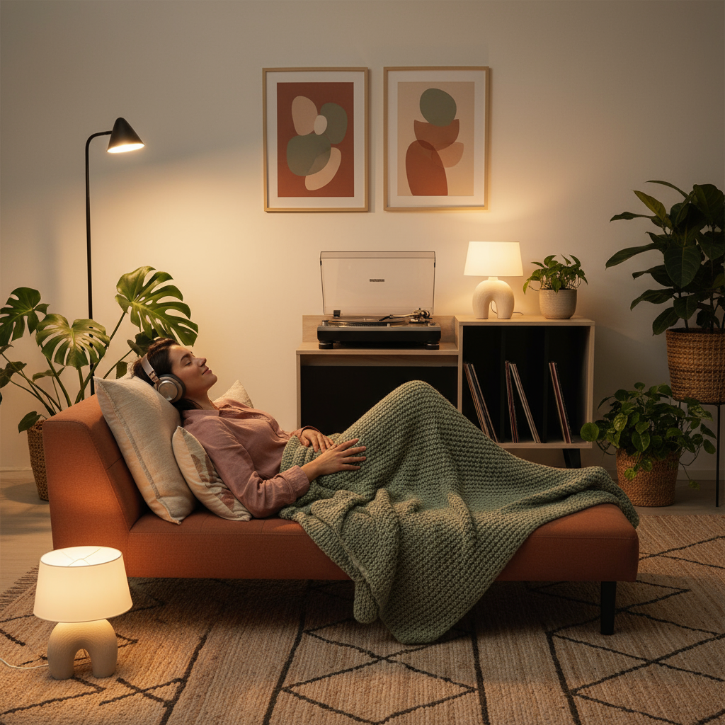 Escena nocturna editorial con persona escuchando música junto al Rack Vinilo Nougat