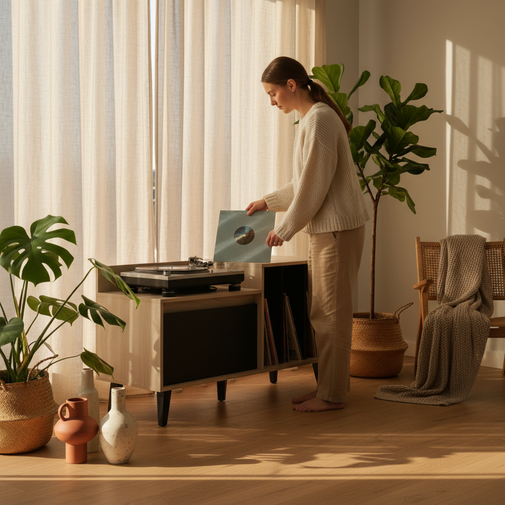 Imagen editorial lifestyle del Rack Vinilo Nougat con persona completa