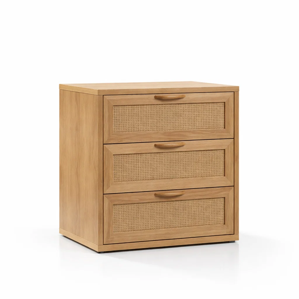 Velador Cómoda Bergen Natural – Mesa de Noche de 3 Cajones con Frente de Ratán