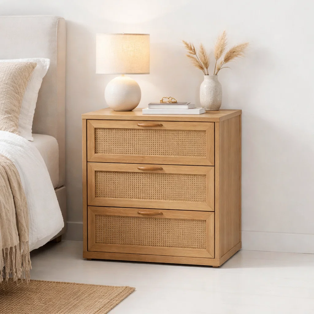 Velador Cómoda Bergen Natural – Mesa de Noche de 3 Cajones con Frente de Ratán